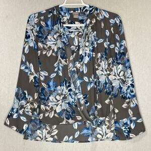 Chico's Top Size 3 Blue Gray Floral Long Sleeve Fall Office Career Professional